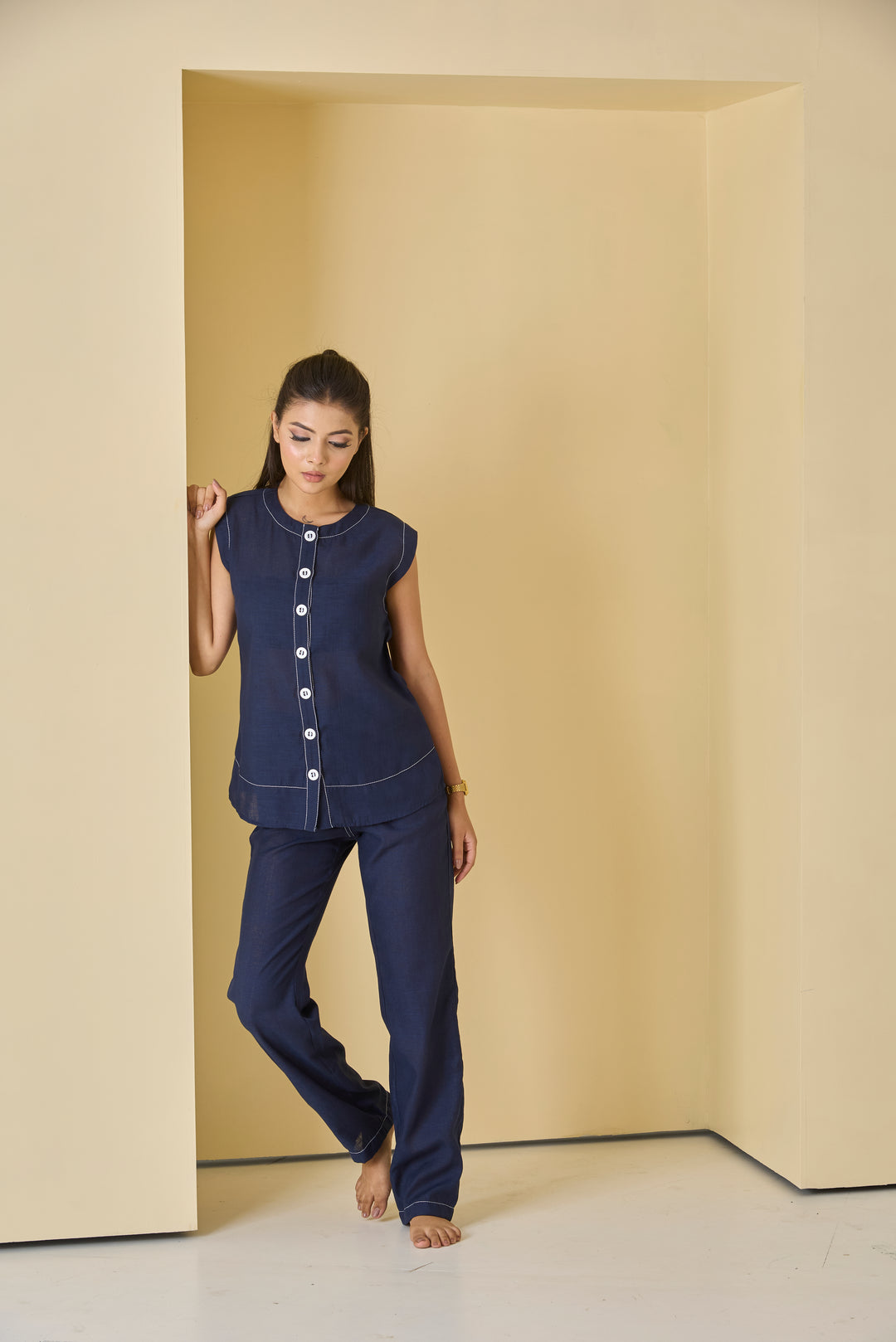 Navy linen co-ord set for women featuring a stylish button-up top and comfortable pants