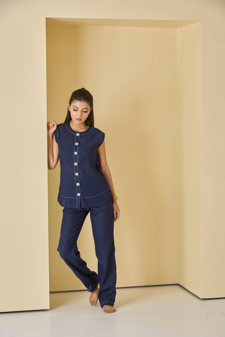Navy linen co-ord set for women featuring a stylish button-up top and comfortable pants
