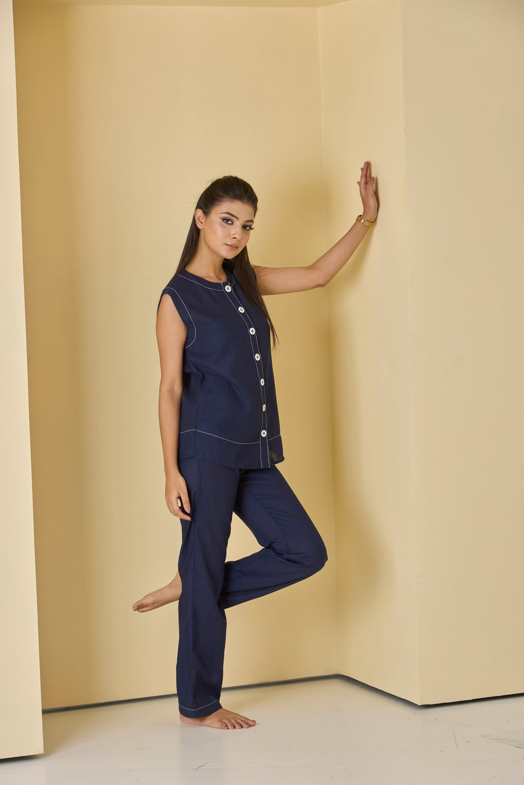 Navy linen co-ord set for women featuring a sleeveless top and coordinating pants