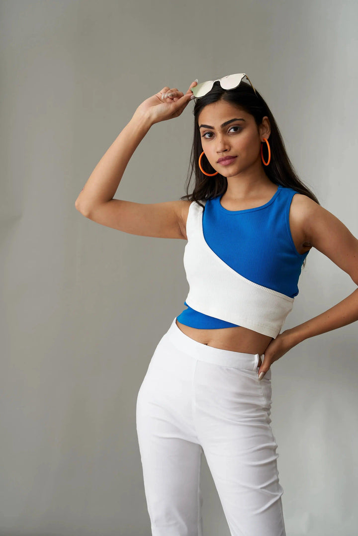 Risate Olivia crop top for women in blue and white with stylish design and fitted look