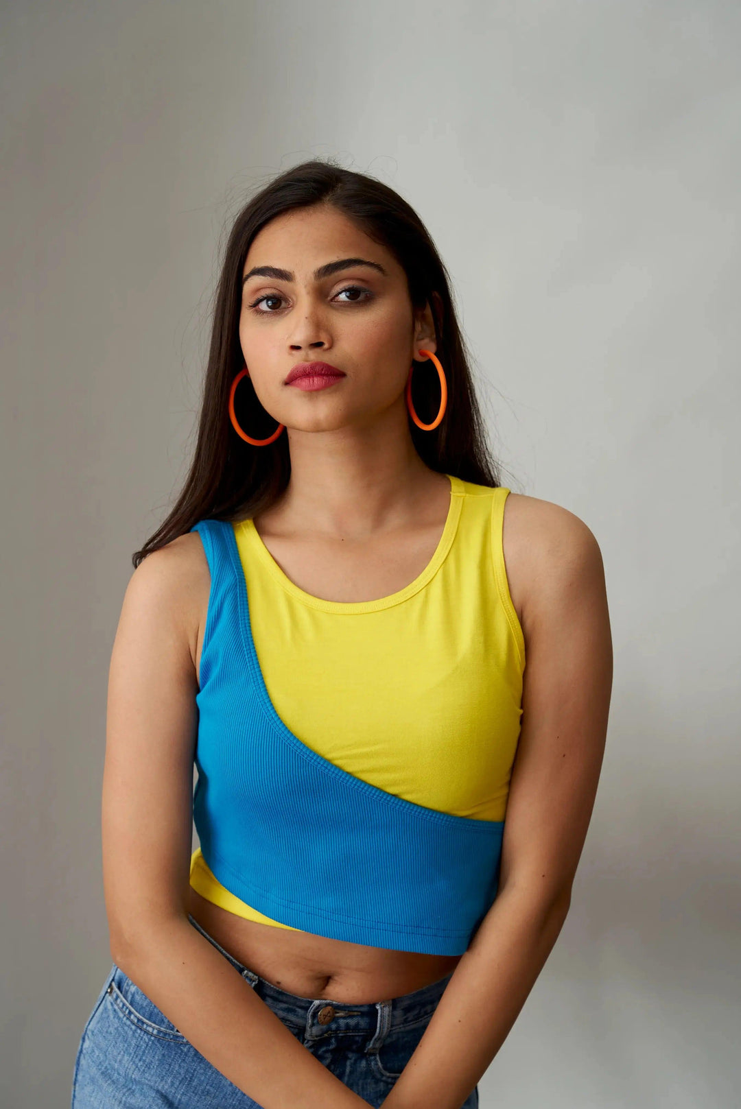 Olivia crop top for women in yellow and blue colorblock style, perfect for casual summer wear