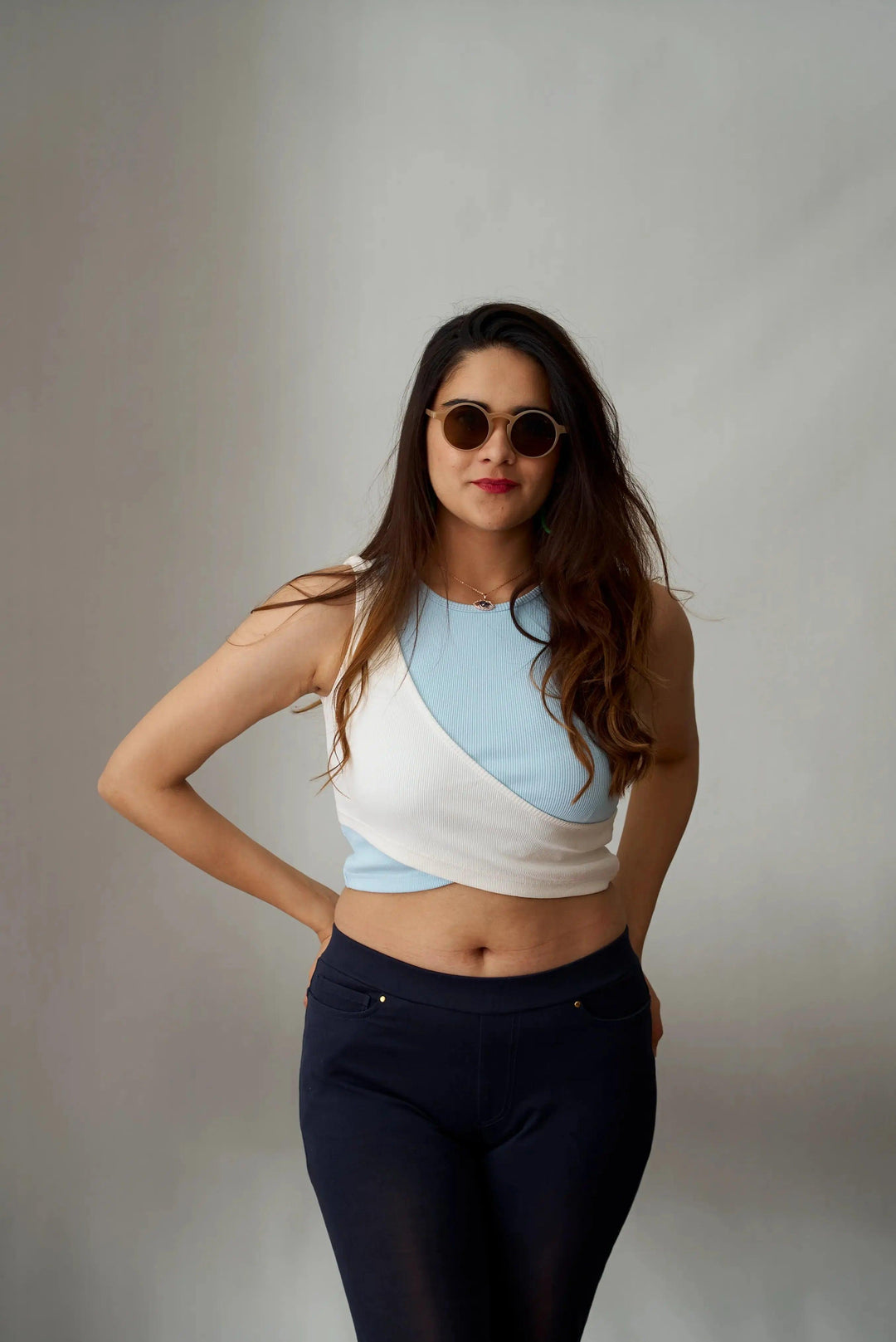 Olivia crop top for women in blue and white, perfect for stylish summer outfits