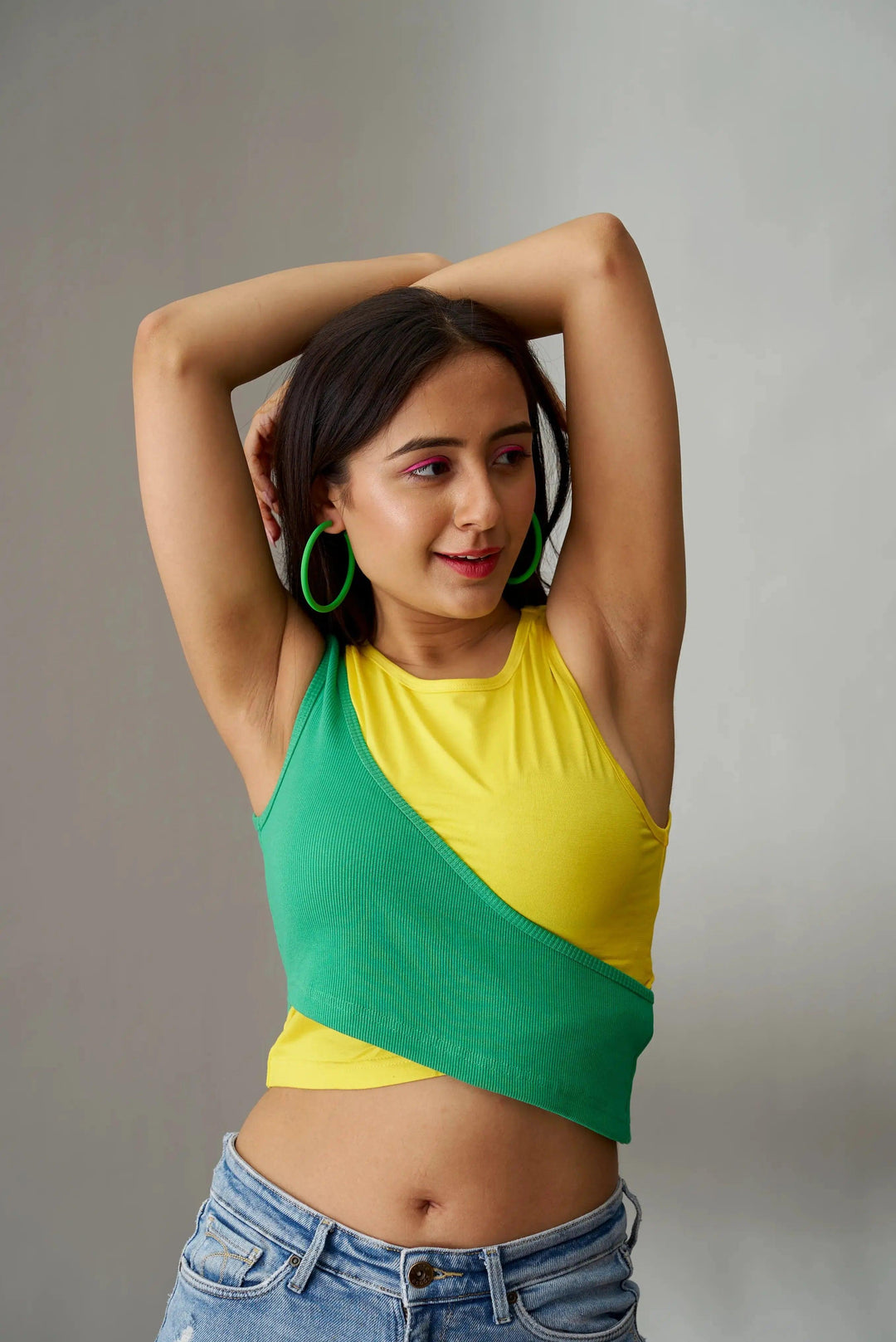 Olivia crop top for women in yellow and green with a stylish wrap design, perfect for casual summer wear
