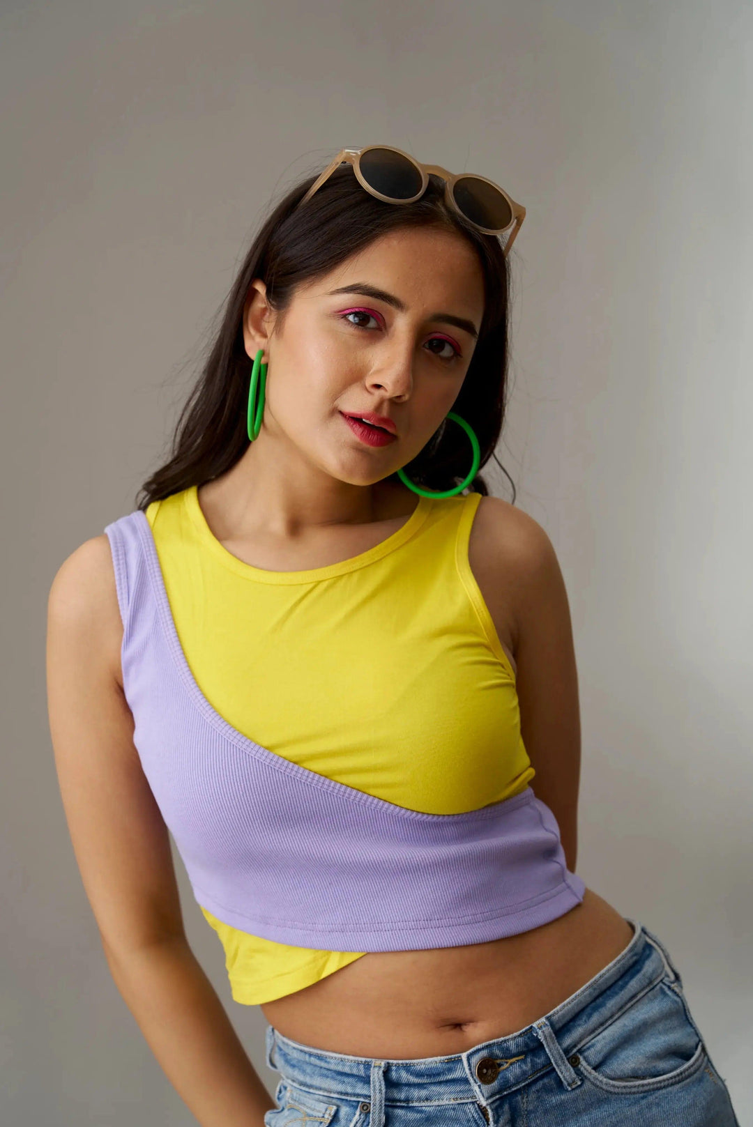 Olivia crop top for women in yellow and purple with a stylish design, perfect for casual summer wear