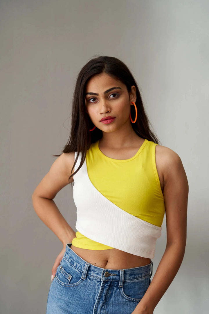 Olivia crop top for women with yellow and white color block design, perfect for casual outfits