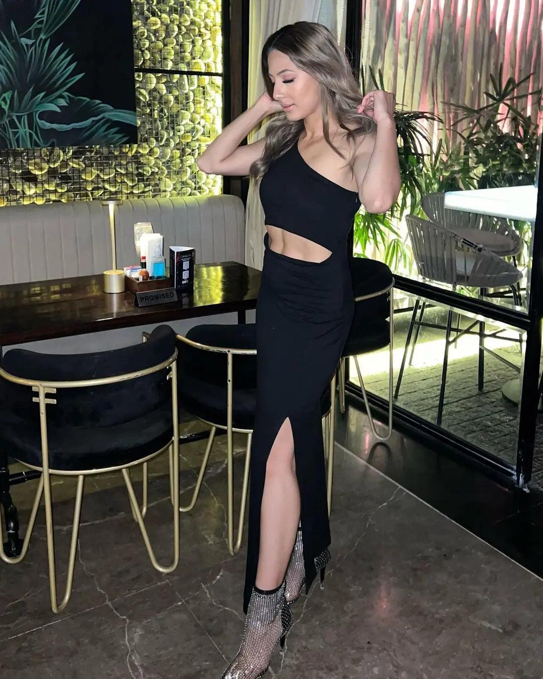 Stylish one shoulder black dress for women featuring cut-out design and a high slit