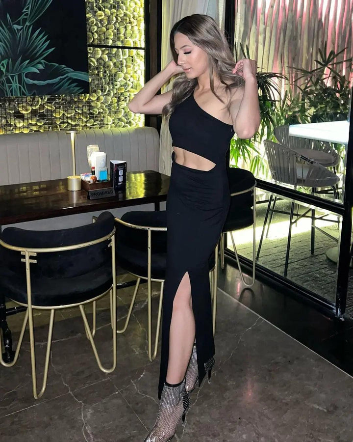 Stylish one shoulder black dress for women featuring cut-out design and a high slit