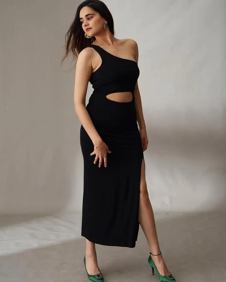 Stylish one shoulder black dress for women with a cutout design and high side slit