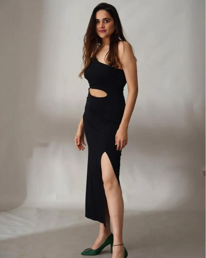Stylish one shoulder black dress for women with a side cutout and thigh-high slit, perfect for evening events