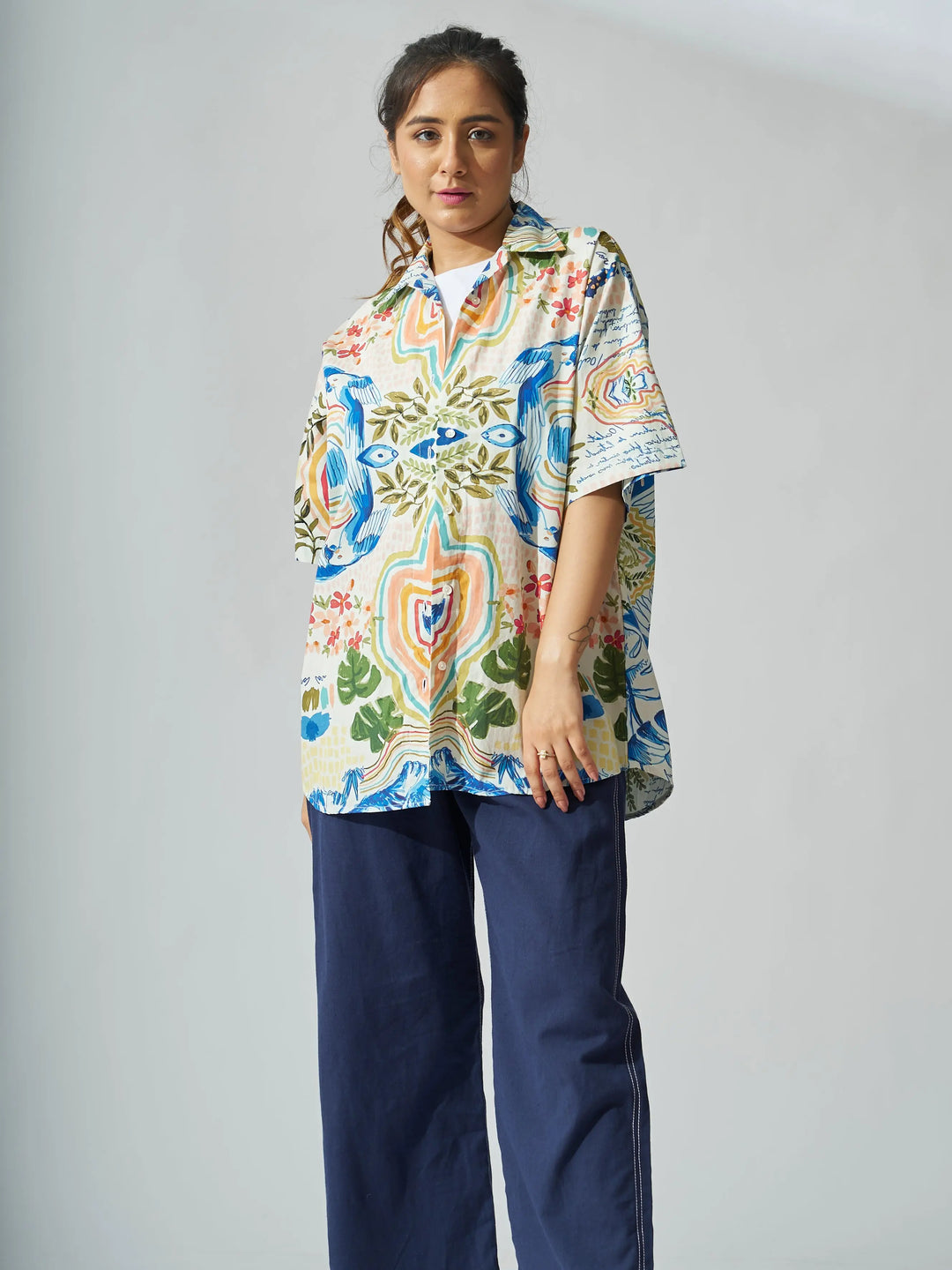 Colorful oversized cotton poplin shirt for women with a unique pattern, perfect for casual wear