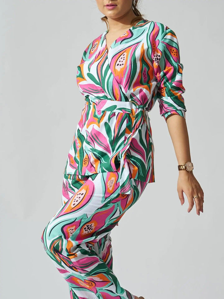 Stylish papaya print linen coord set featuring vibrant colors and a relaxed fit for casual outings