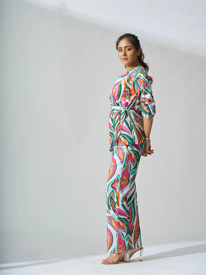 Risate papaya print linen coord set featuring a stylish blouse and matching pants
