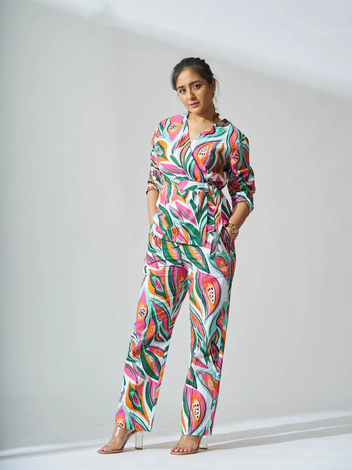 Risate papaya print linen coord set featuring vibrant colors and stylish design for a chic outfit
