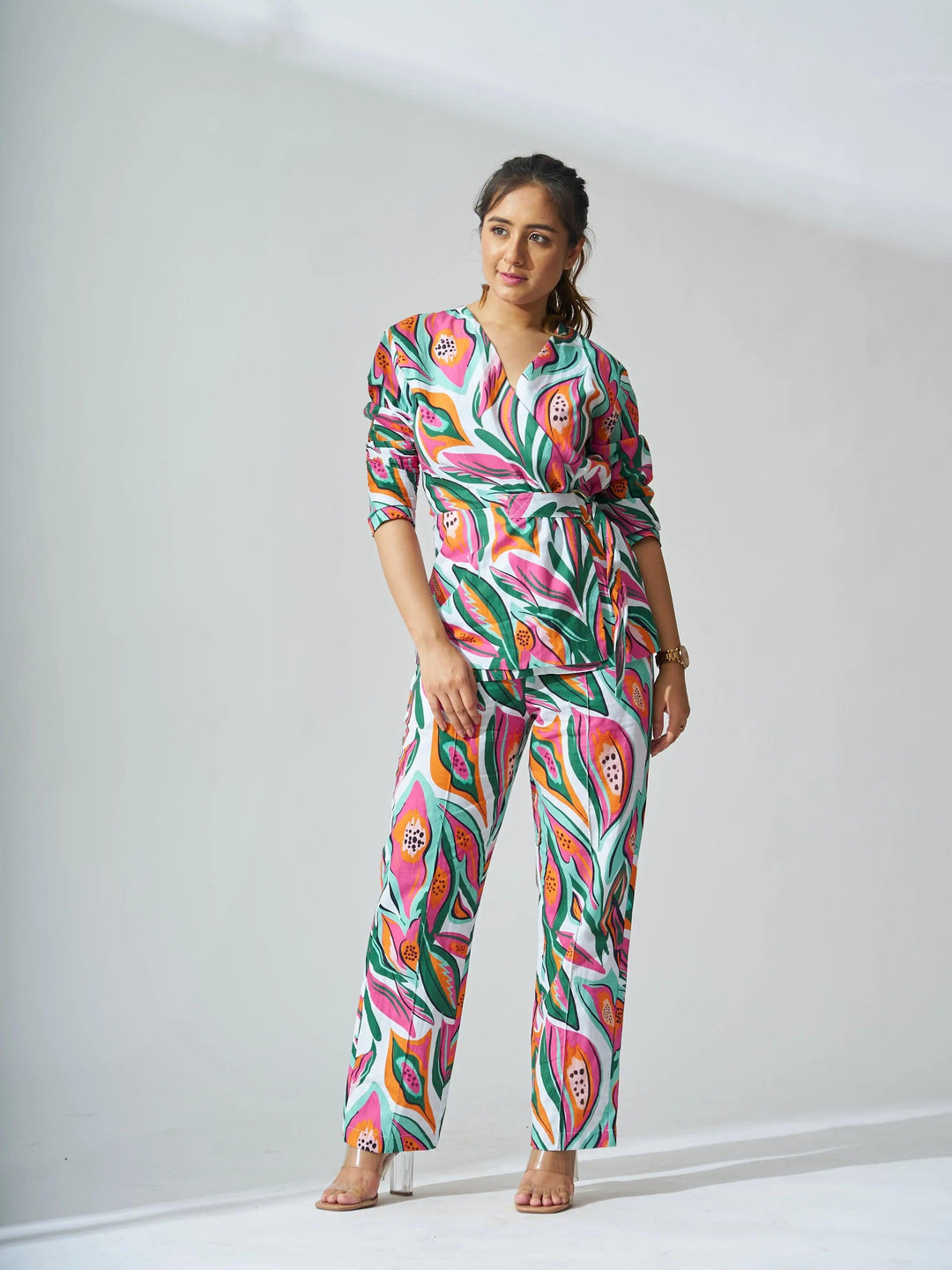 Risate papaya print linen coord set featuring vibrant colors and a stylish design for a chic look