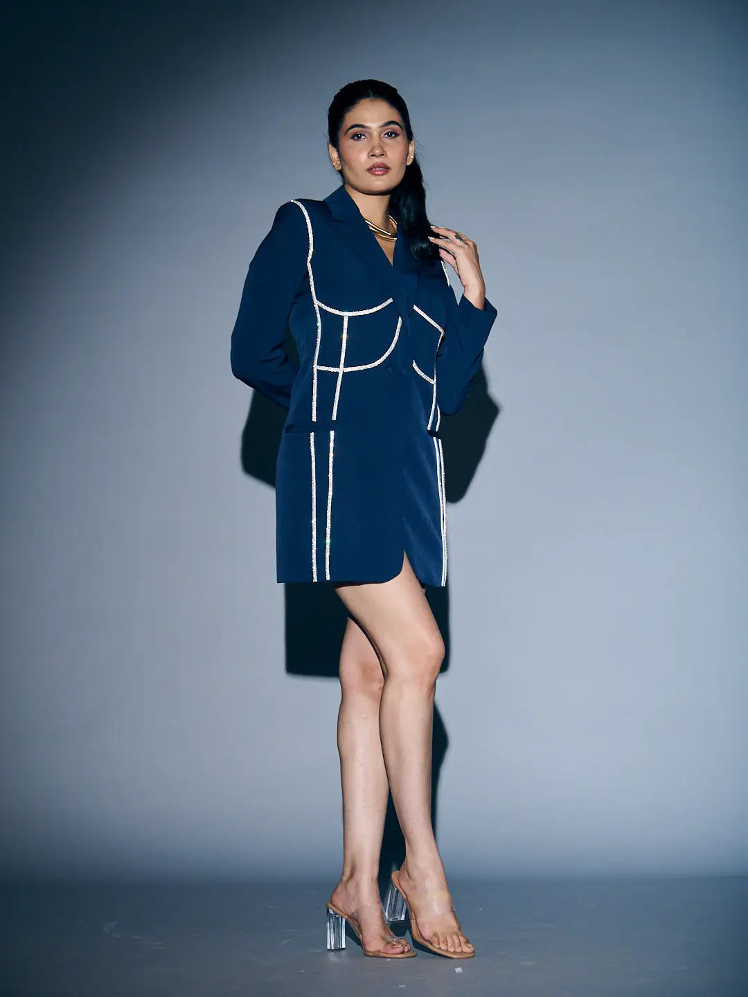 Risate Rhinestone blazer dress for women in navy blue with stylish white detailing and a flattering silhouette