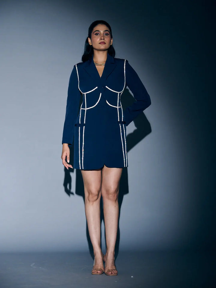 Risate rhinestone blazer dress for women in navy with stylish pockets and elegant design