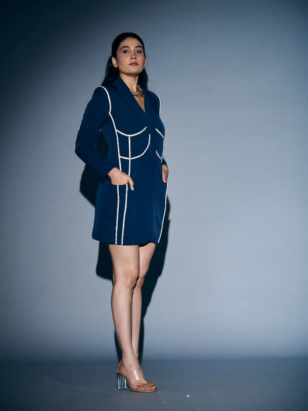Elegant Risate rhinestone blazer dress for women in navy blue with stylish pockets and tailored fit