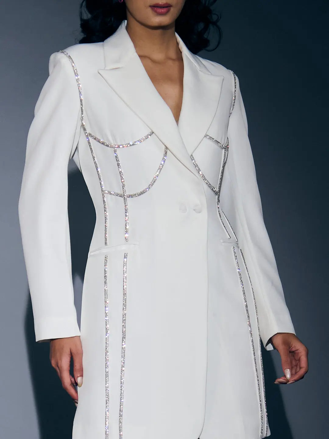 Elegant white rhinestone blazer dress for women with stylish detailing and notched lapels