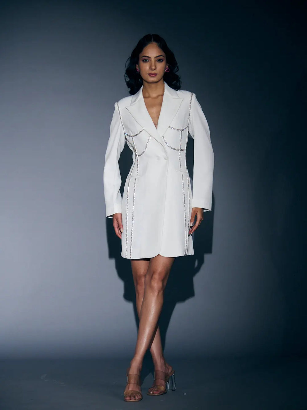 Elegant white rhinestone blazer dress for women featuring intricate detailing and a chic silhouette