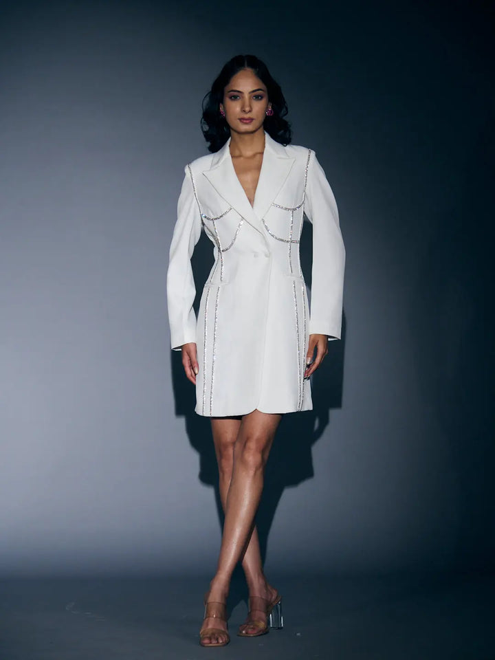 Elegant white rhinestone blazer dress for women featuring intricate detailing and a chic silhouette