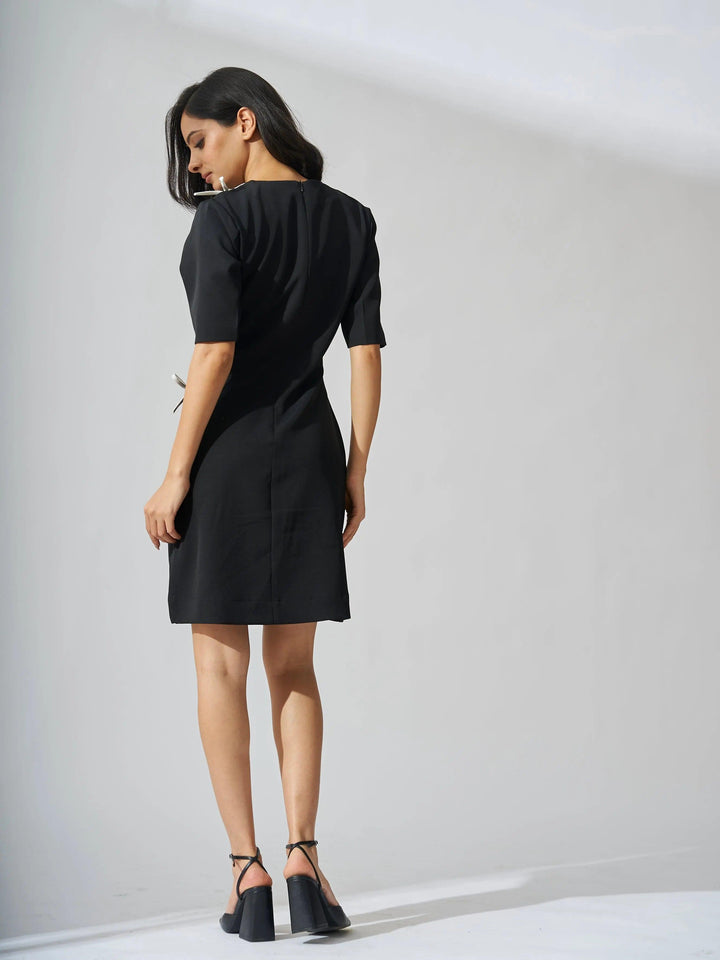 Elegant rhinestone bow shift dress in black with a stylish back design, perfect for any occasion