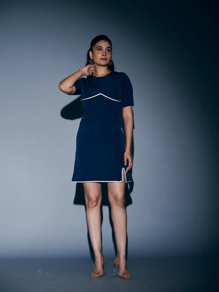Risate rhinestone lace mini dress in navy blue with elegant cutout detailing