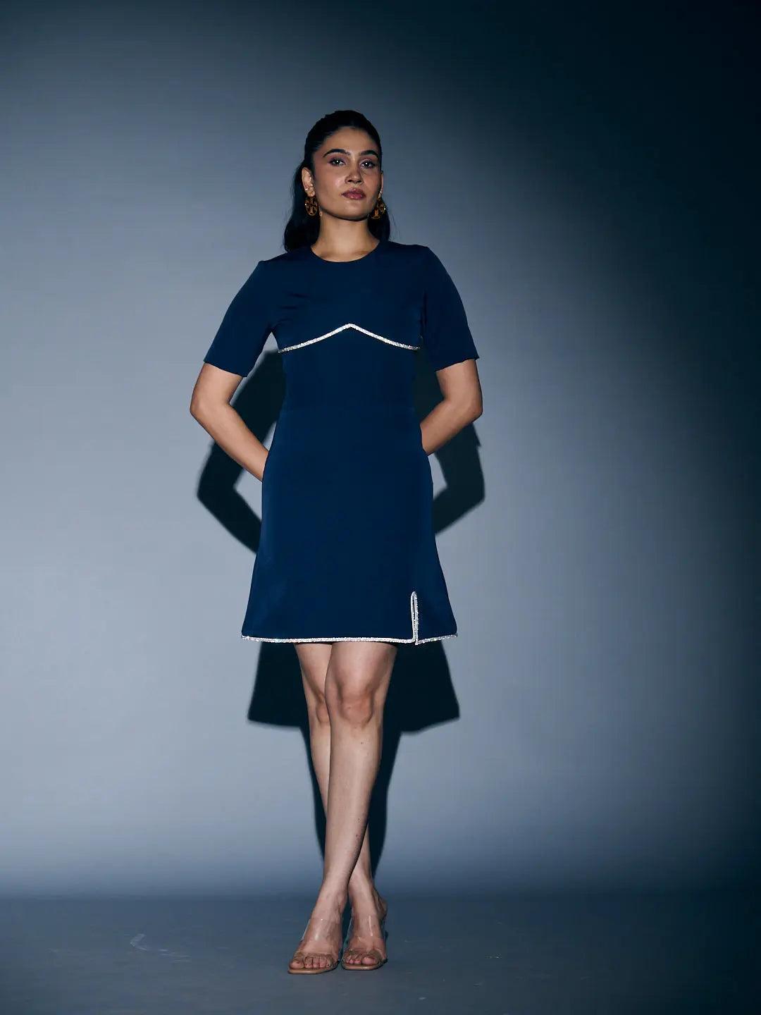 Risate rhinestone lace mini dress in navy blue with a stylish design and a flattering fit