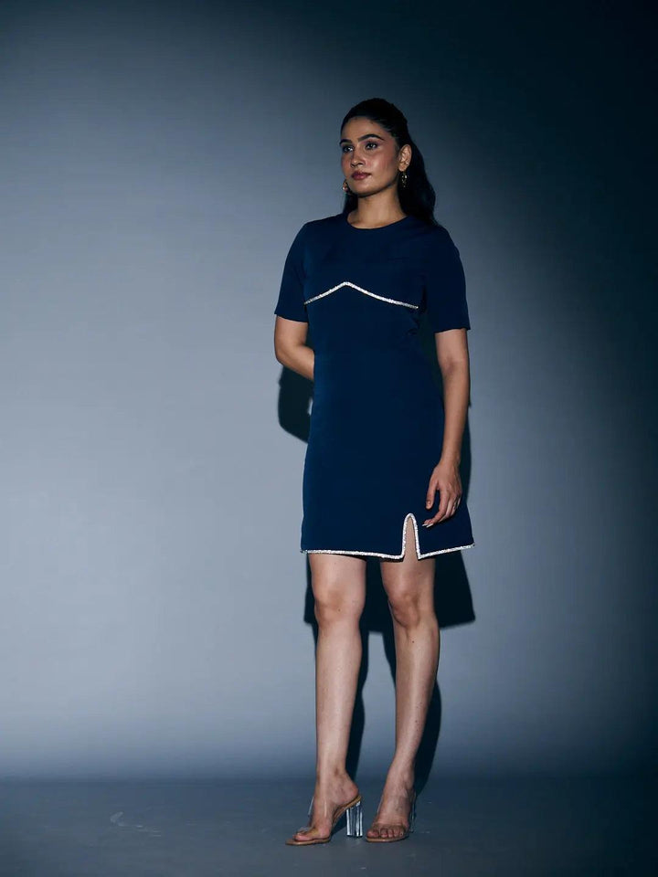 Risate rhinestone lace mini dress in navy blue with elegant design and flattering silhouette