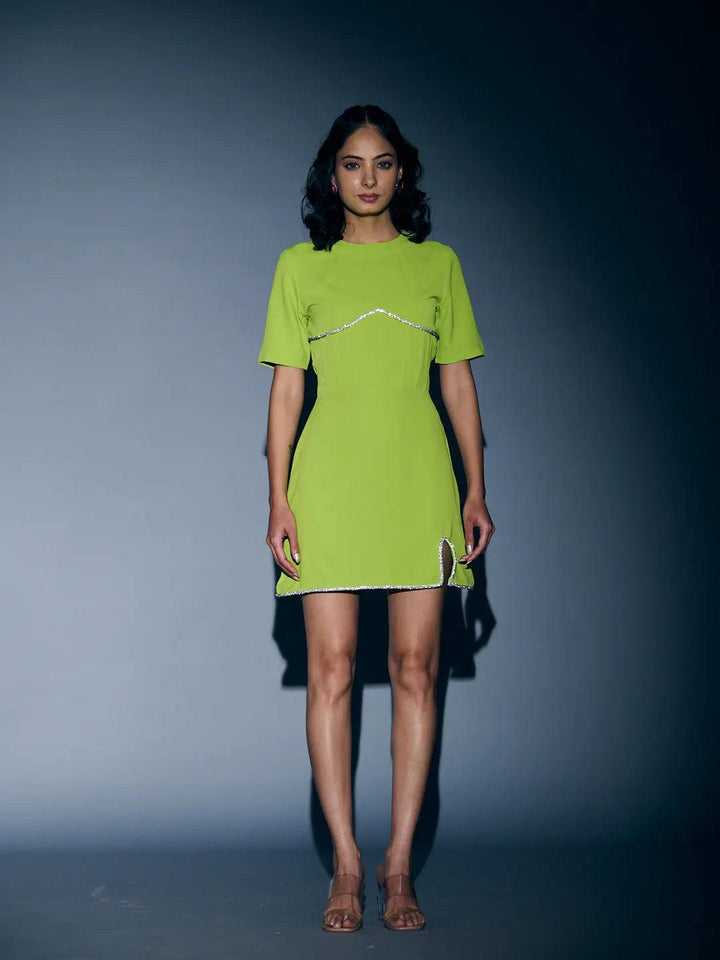 Bright green Risate rhinestone lace mini dress with short sleeves and side slit detail