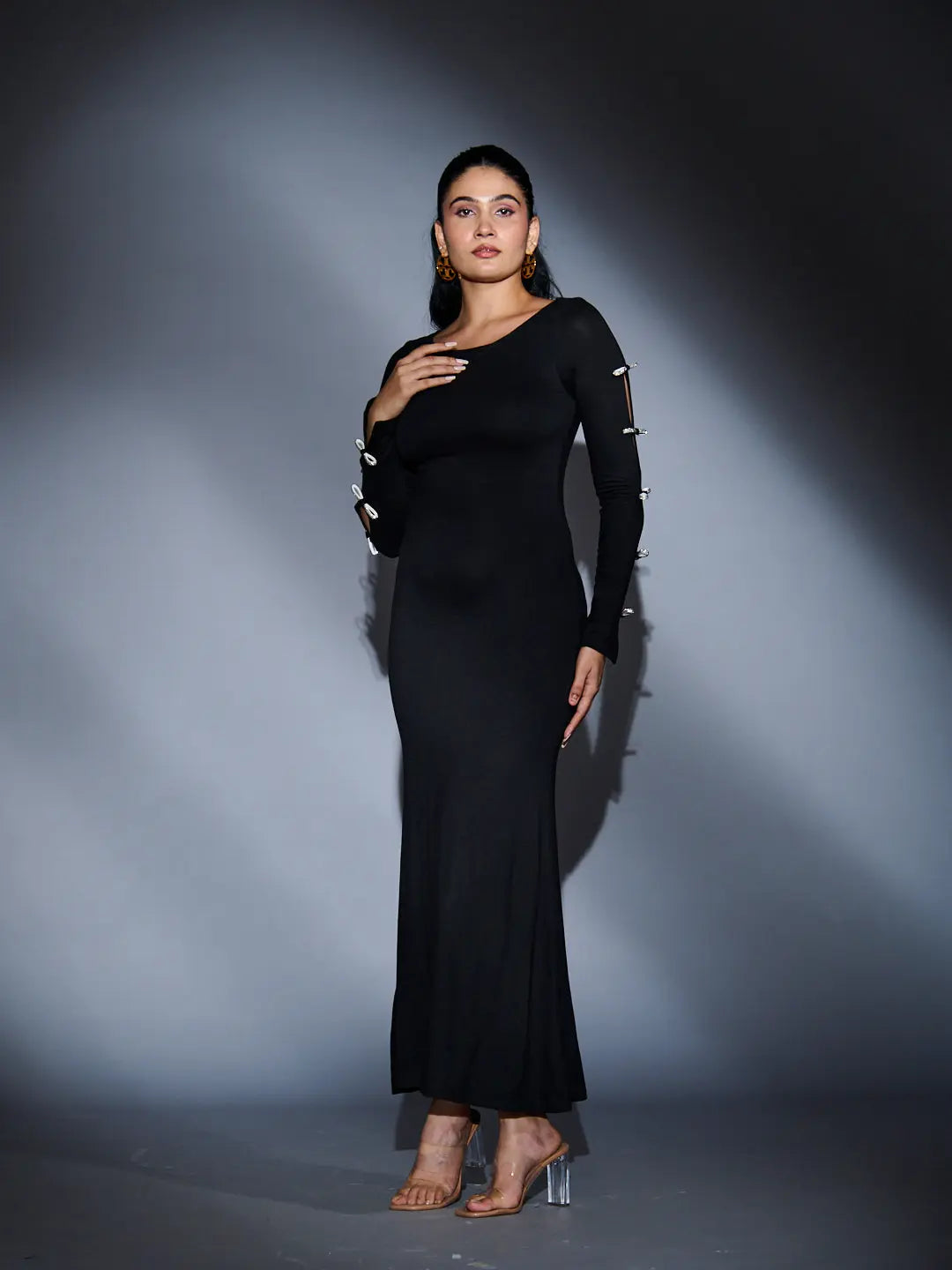 Risate rhinestone sleeve maxi dress in black with stylish design and elegant silhouette