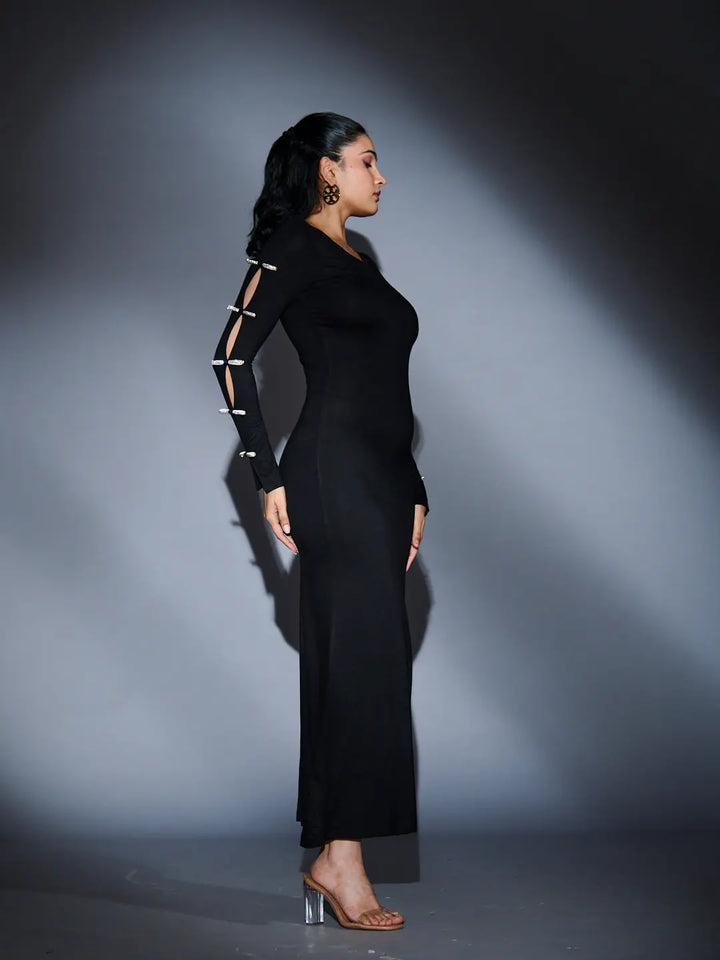 Risate rhinestone sleeve maxi dress in black featuring a sleek form-fitting design