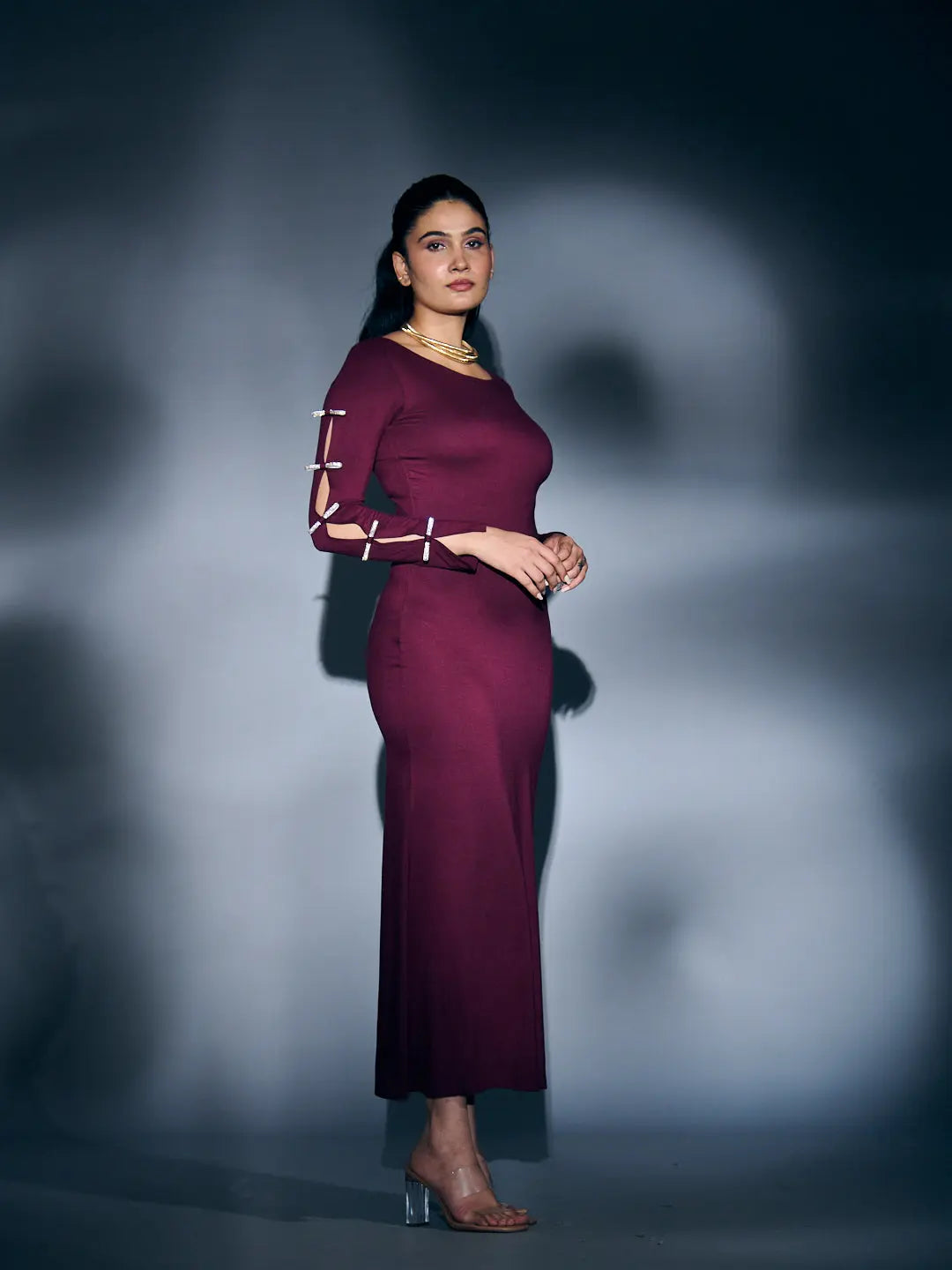 Risate rhinestone sleeve maxi dress in burgundy, featuring elegant detailing and a flattering silhouette