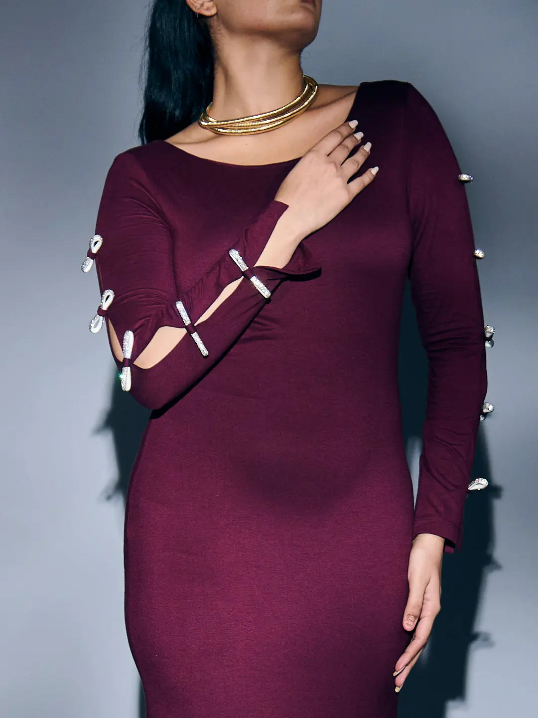 Risate rhinestone sleeve maxi dress in burgundy with stylish cutout sleeves and embellishments