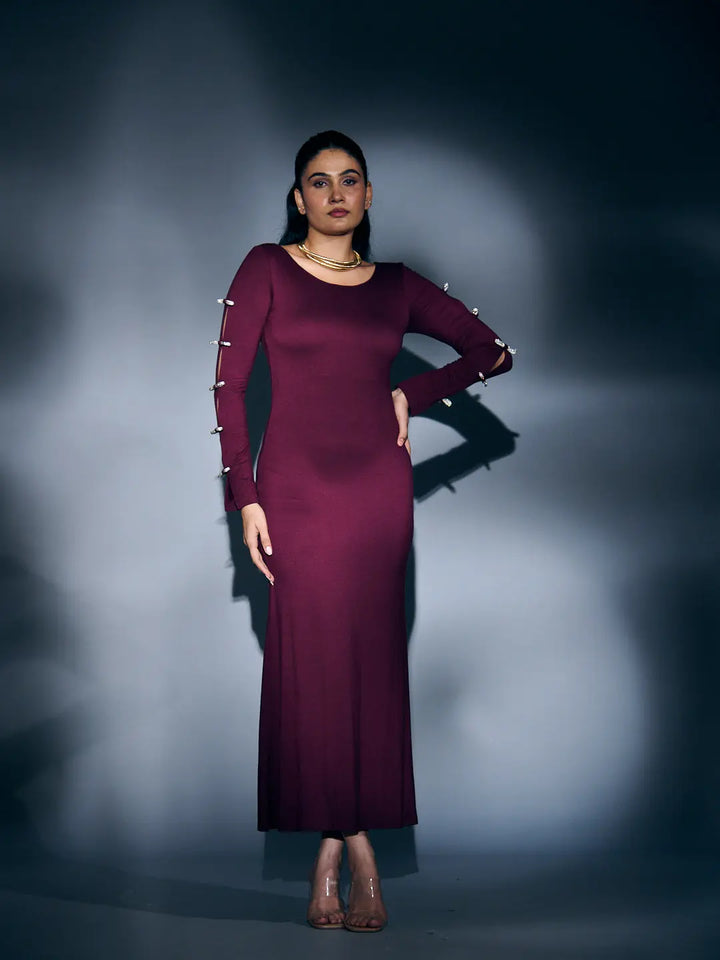 Risate rhinestone sleeve maxi dress in deep burgundy with elegant fitted design and stylish sleeves