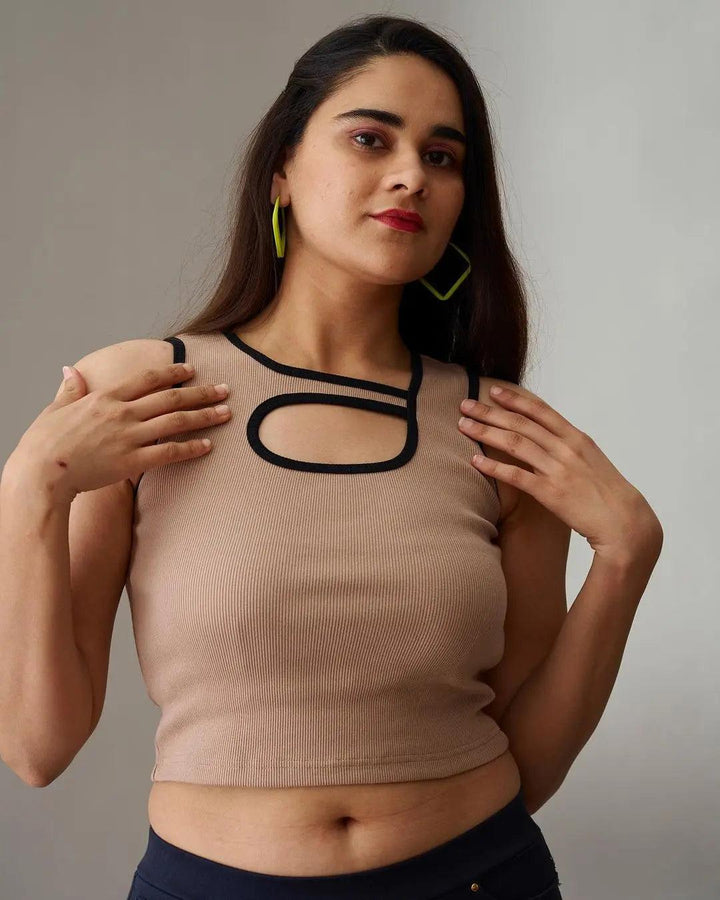 Risate ribbed crop top for women in beige with unique cutout design and black trim