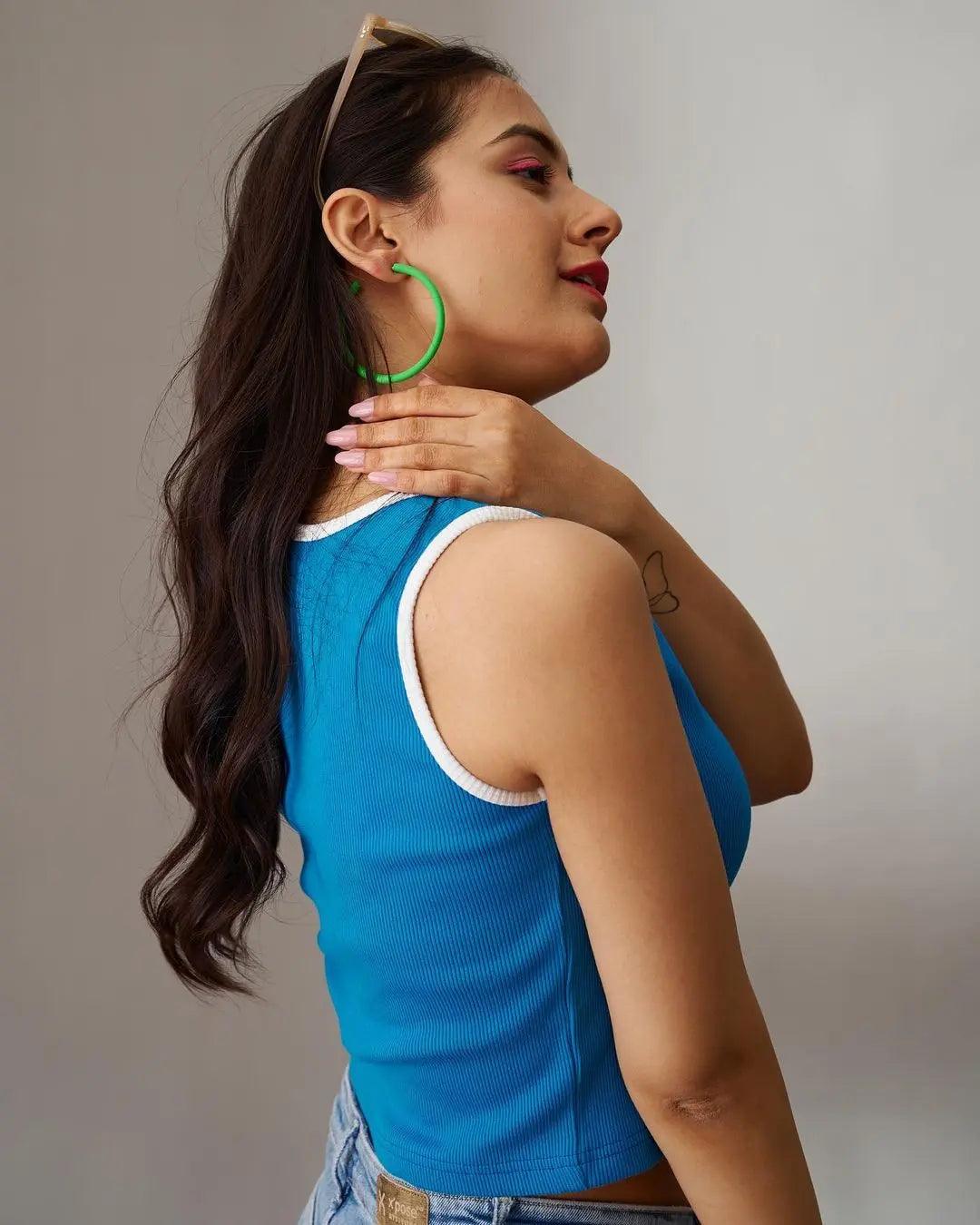 Risate ribbed crop top for women in blue with contrasting white trim, perfect for casual summer outfits