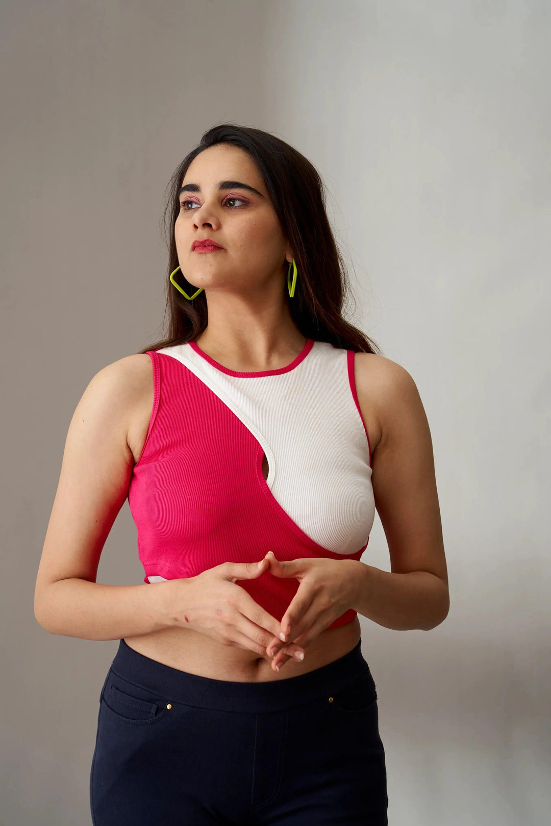 Risate Ribbed Crop Top for Women in Pink and White with a Stylish Cutout Design