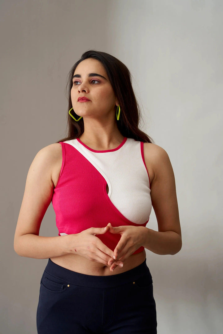 Risate Ribbed Crop Top for Women in Pink and White with a Stylish Cutout Design