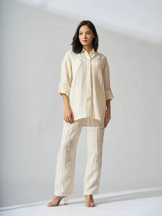 Yellow striped women Drop Shoulder Linen Shirt Risate