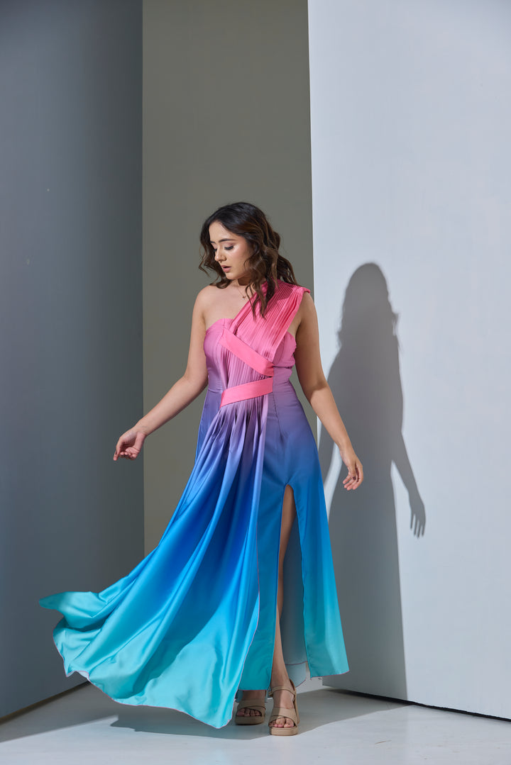 Ombre Satin Aurora One-Shoulder Gown