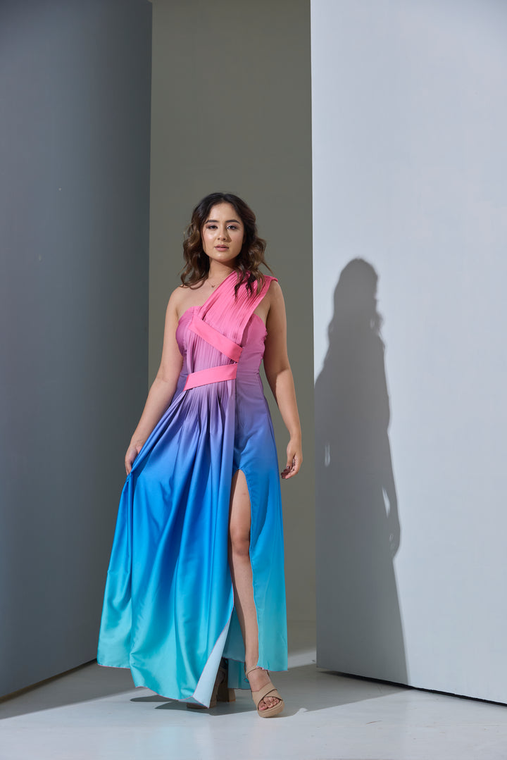Ombre Satin Aurora One-Shoulder Gown
