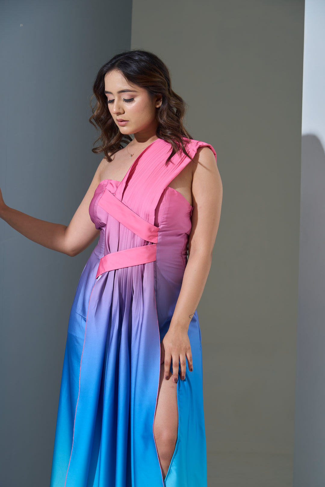 Ombre Satin Aurora One-Shoulder Gown