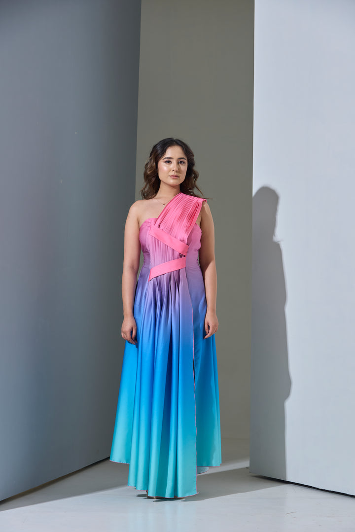 Ombre Satin Aurora One-Shoulder Gown