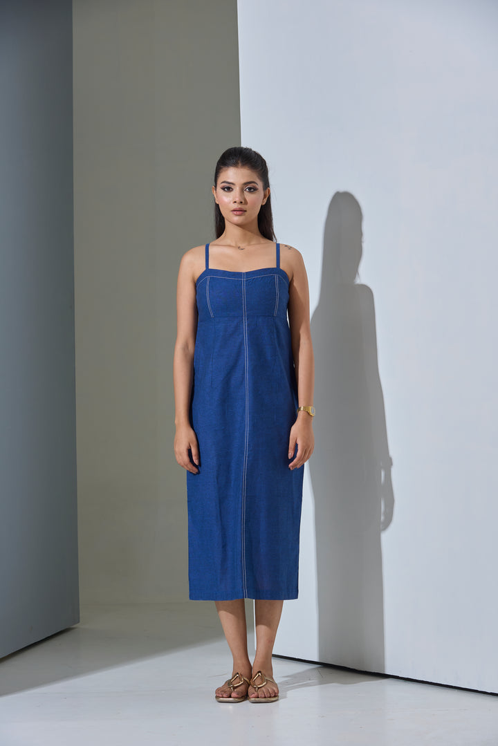 Indigo Slip Denim Blue Cotton Linen Blend Midi Dress