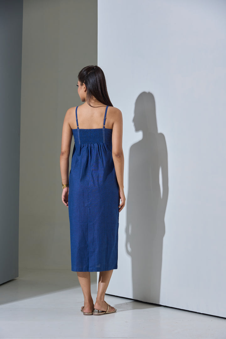 Indigo Slip Denim Blue Cotton Linen Blend Midi Dress