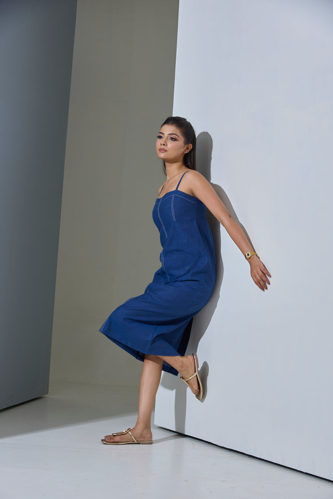 Indigo Slip Denim Blue Cotton Linen Blend Midi Dress