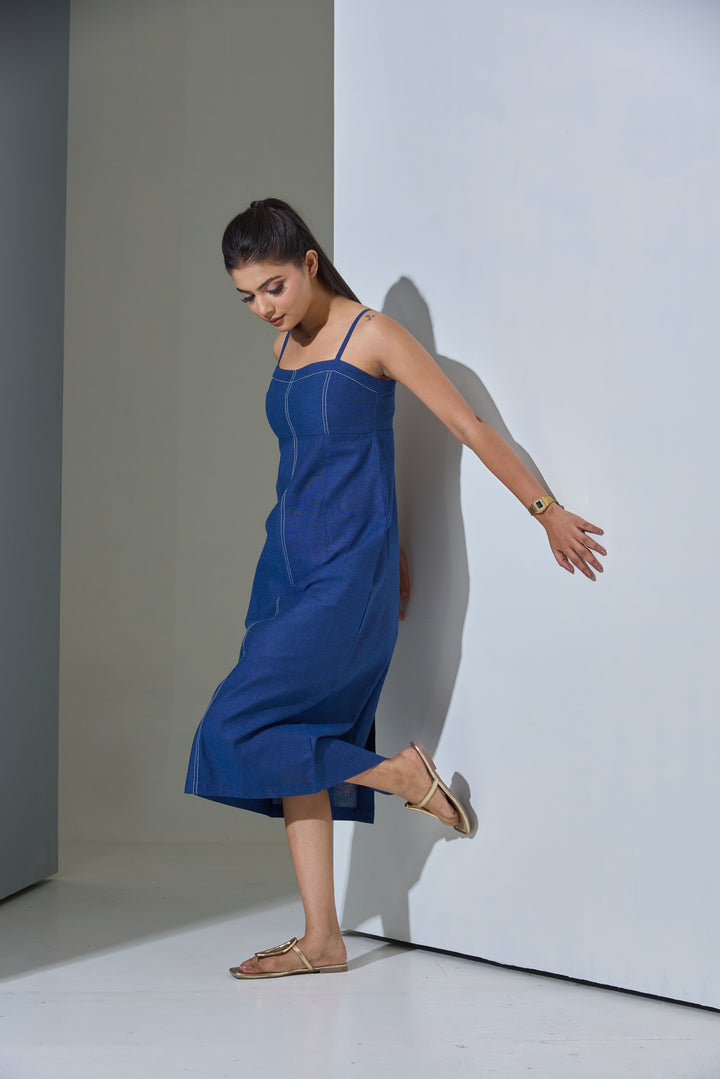 Indigo Slip Denim Blue Cotton Linen Blend Midi Dress