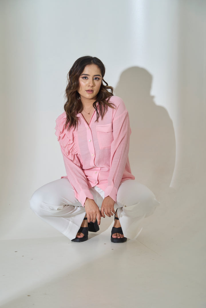 Blush Pleated Ruffle Linen Blend Shirt