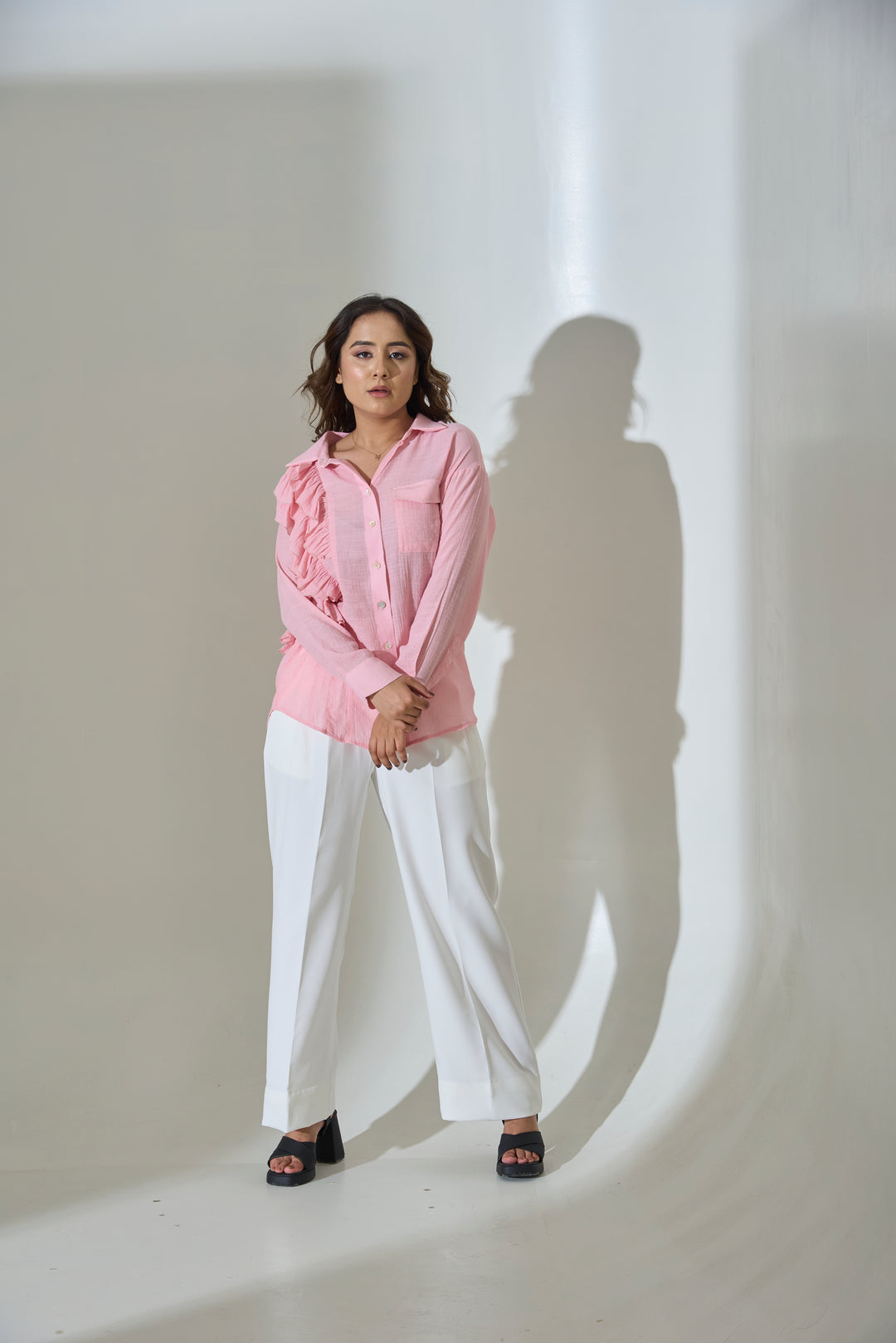 Blush Pleated Ruffle Linen Blend Shirt
