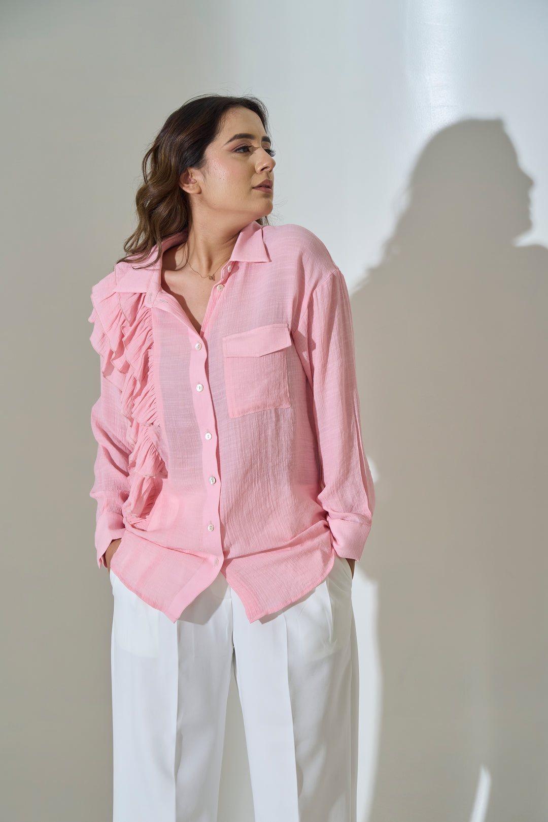 Blush Pleated Ruffle Linen Blend Shirt